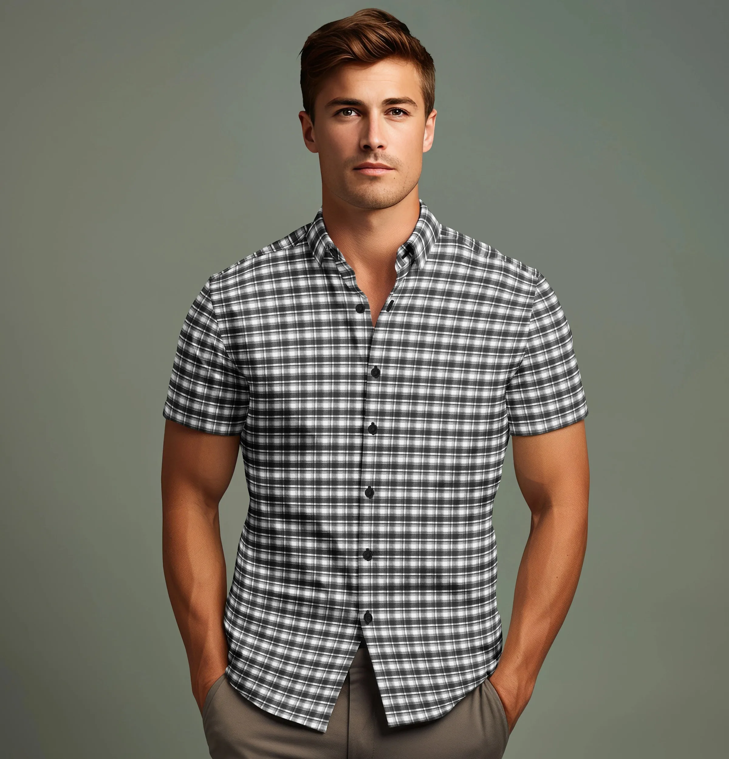Pure Cotton - Short Sleeve - Black & White Checks Style 6