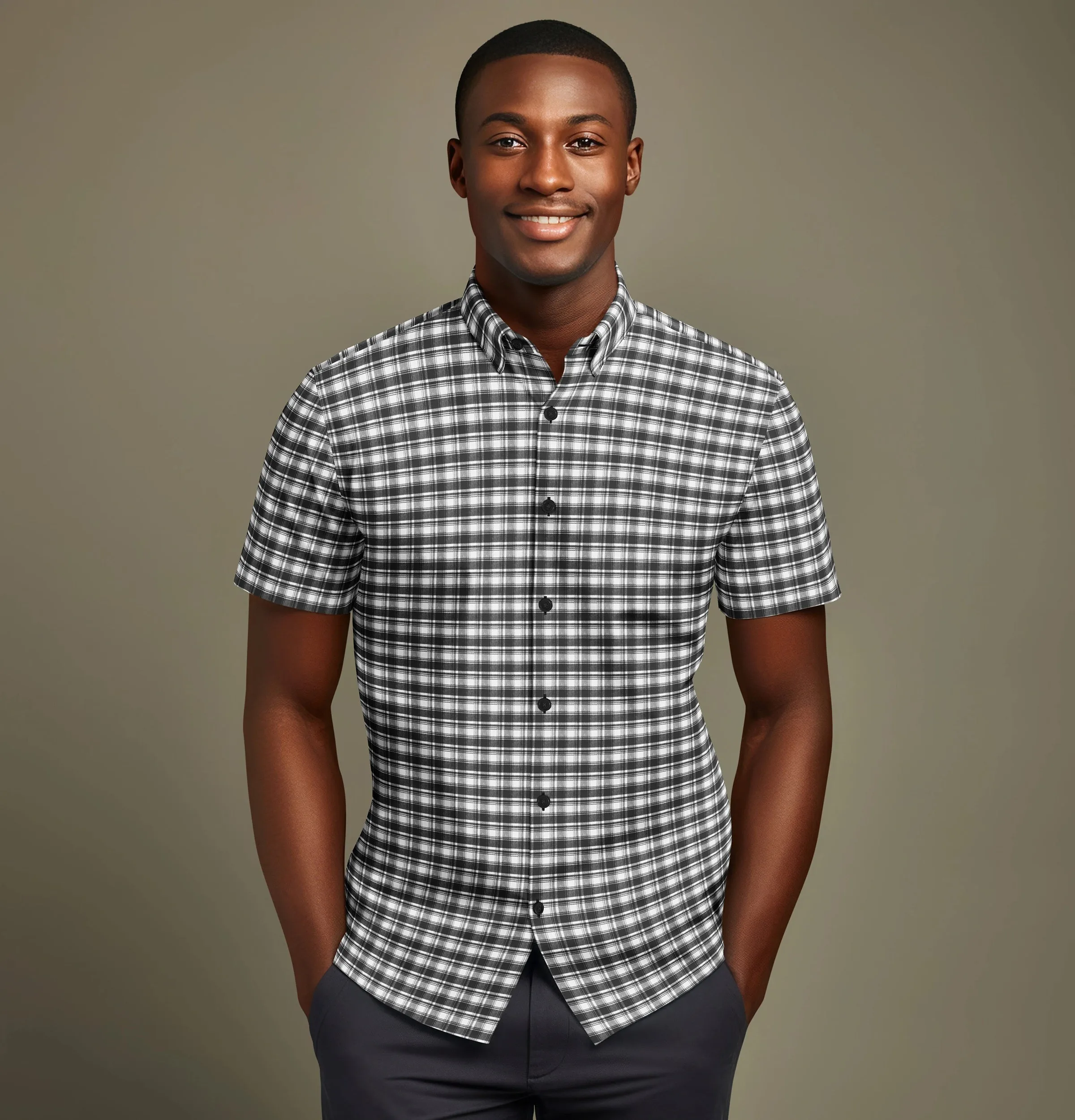 Pure Cotton - Short Sleeve - Black & White Checks Style 6