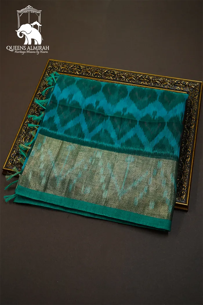PURE SILK COTTON SAREE - TEAL GREEN WITH LEAF GREEN