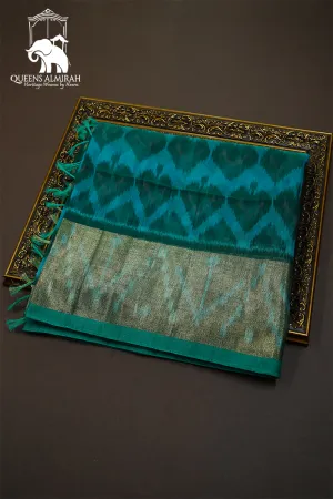 PURE SILK COTTON SAREE - TEAL GREEN WITH LEAF GREEN