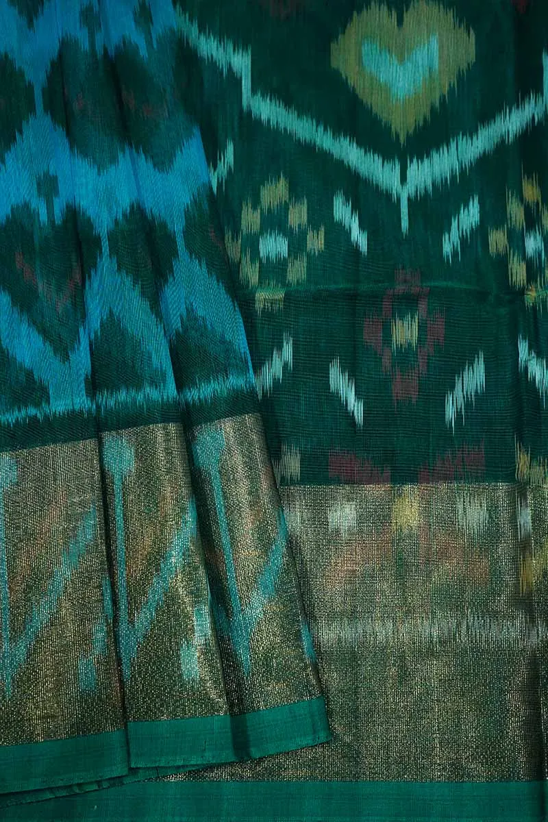 PURE SILK COTTON SAREE - TEAL GREEN WITH LEAF GREEN