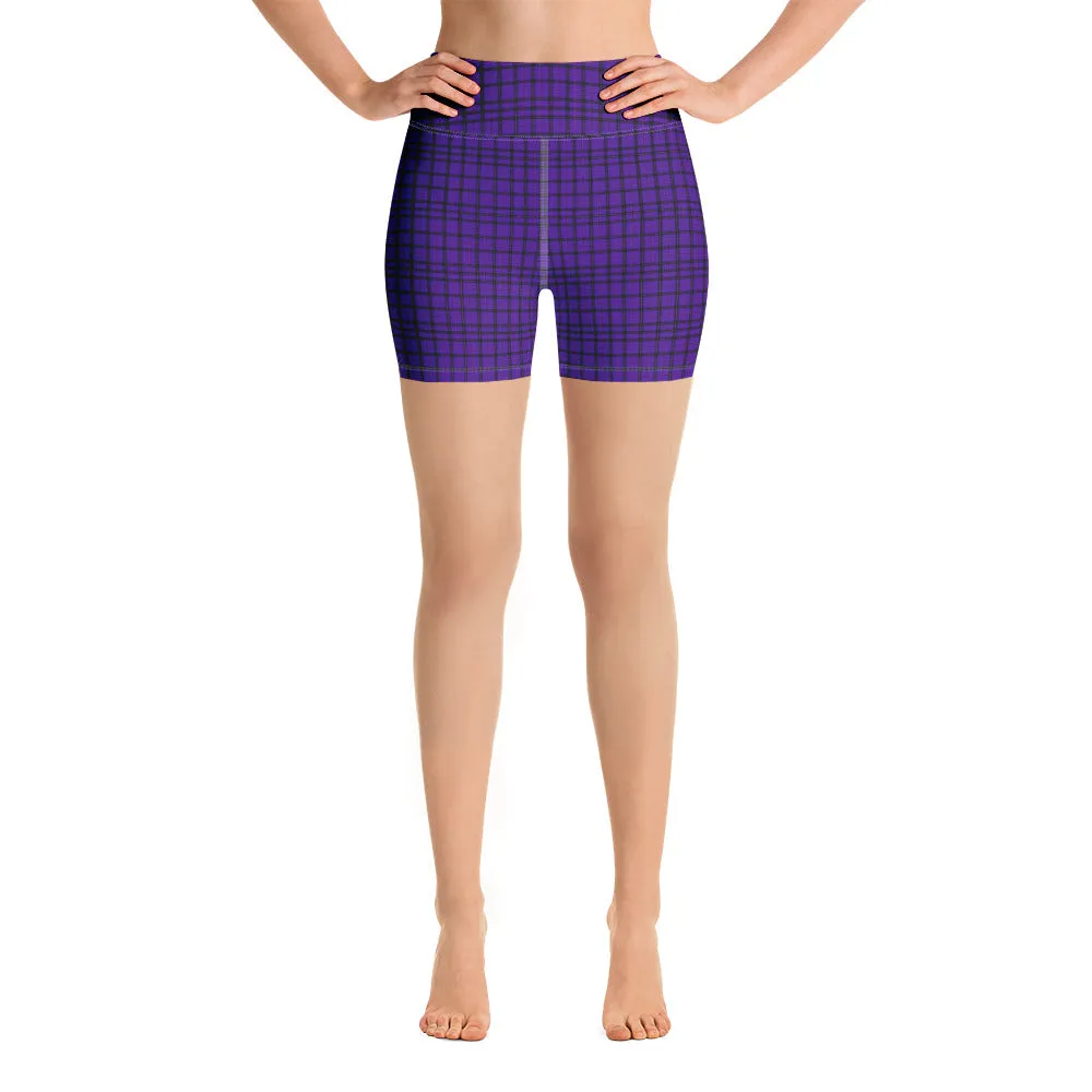 Purple Plaid Print Yoga Shorts, Tartan Scottish Printed Women's Short Tights-Made in USA/EU