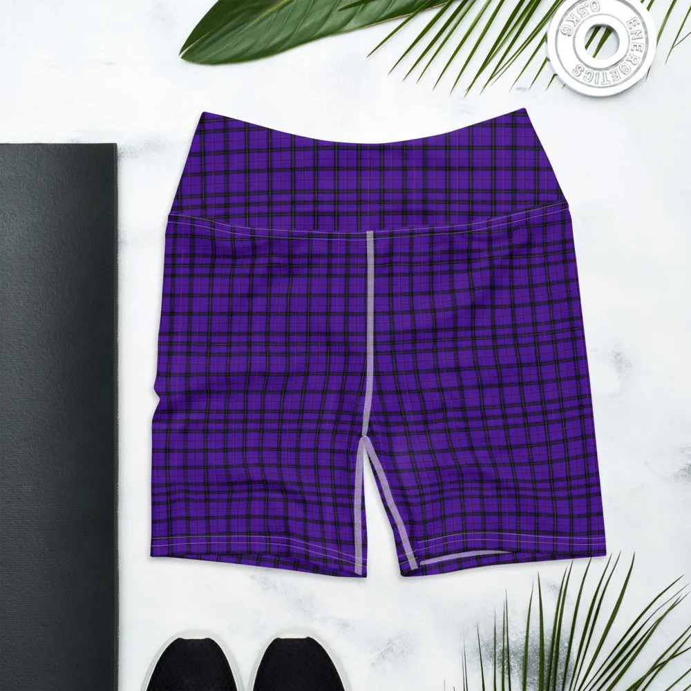 Purple Plaid Print Yoga Shorts, Tartan Scottish Printed Women's Short Tights-Made in USA/EU