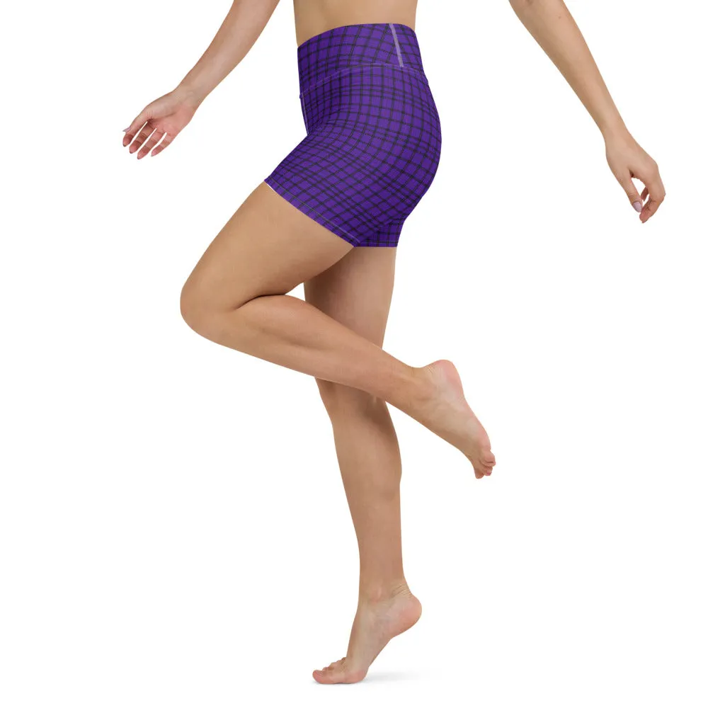 Purple Plaid Print Yoga Shorts, Tartan Scottish Printed Women's Short Tights-Made in USA/EU