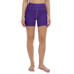 Purple Plaid Print Yoga Shorts, Tartan Scottish Printed Women's Short Tights-Made in USA/EU