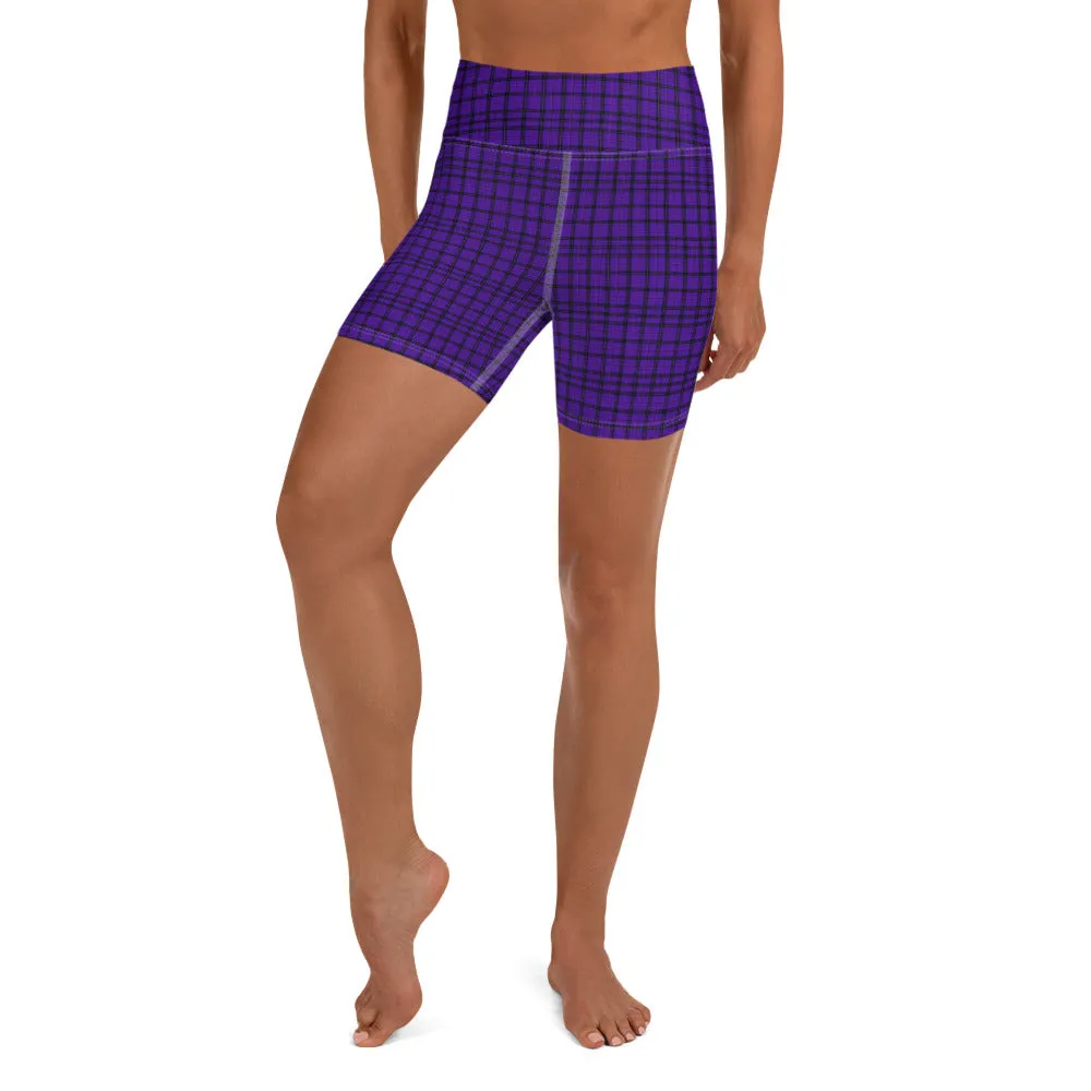 Purple Plaid Print Yoga Shorts, Tartan Scottish Printed Women's Short Tights-Made in USA/EU