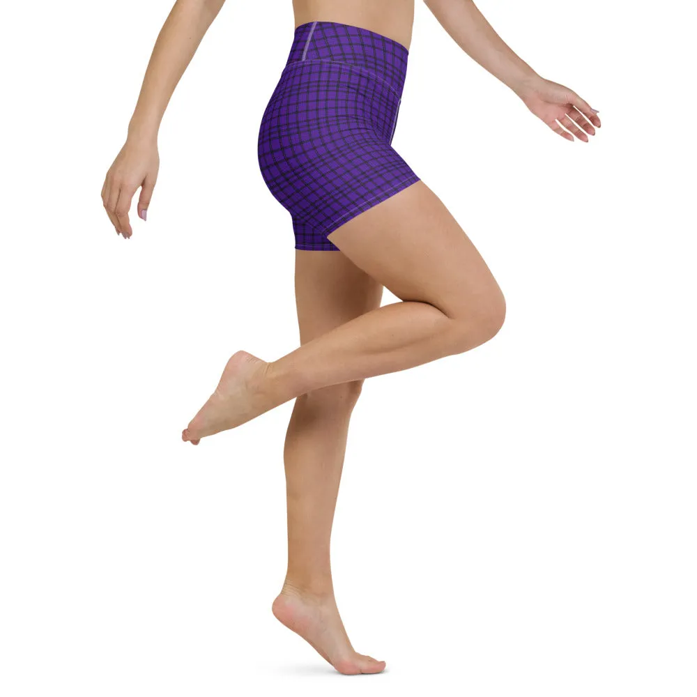 Purple Plaid Print Yoga Shorts, Tartan Scottish Printed Women's Short Tights-Made in USA/EU