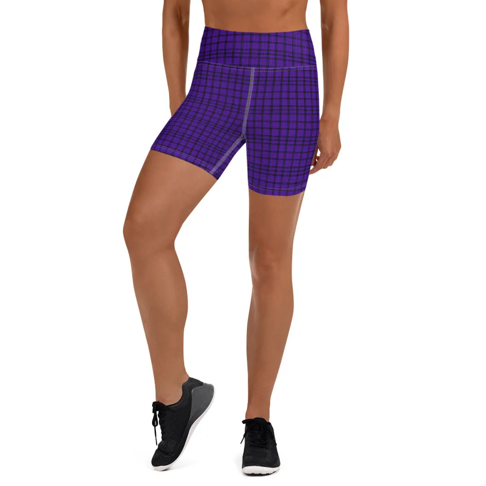 Purple Plaid Print Yoga Shorts, Tartan Scottish Printed Women's Short Tights-Made in USA/EU
