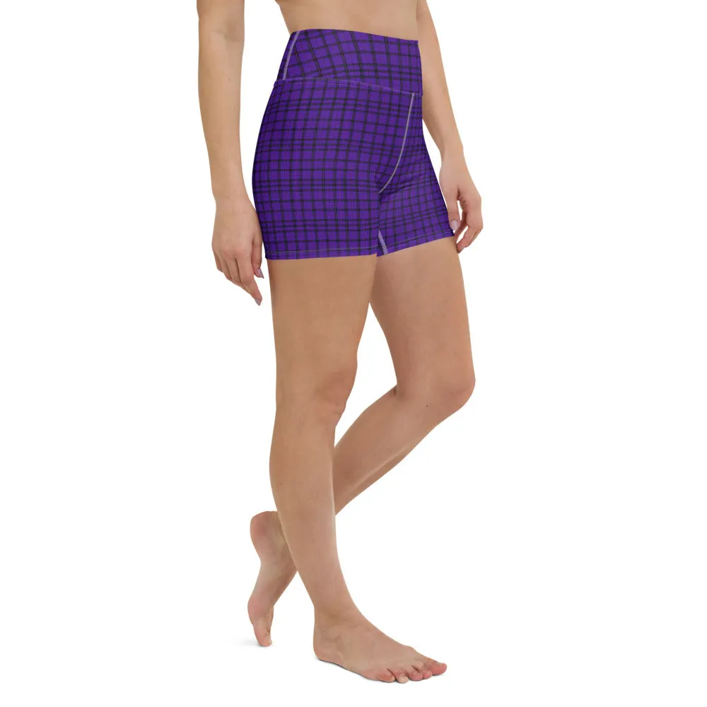 Purple Plaid Print Yoga Shorts, Tartan Scottish Printed Women's Short Tights-Made in USA/EU