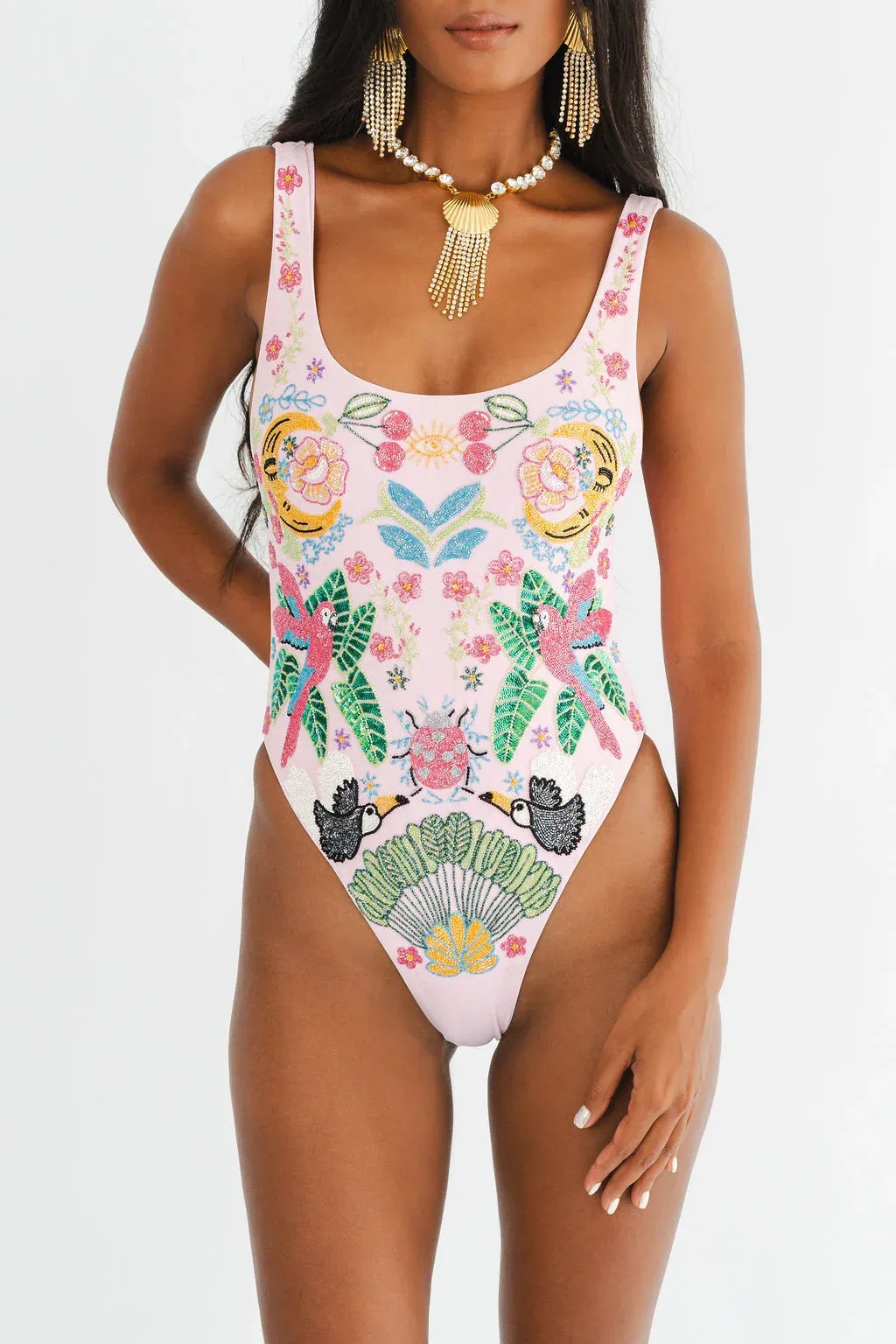 Rainforest Hand Beaded swimsuit Pink