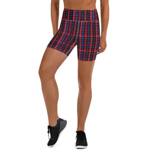 Red Blue Plaid Yoga Shorts, Scottish Plaid Print Women's Short Tights-Made in USA/EU