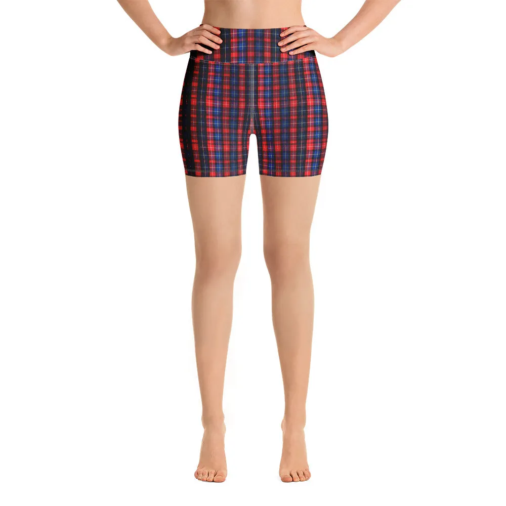 Red Blue Plaid Yoga Shorts, Scottish Plaid Print Women's Short Tights-Made in USA/EU
