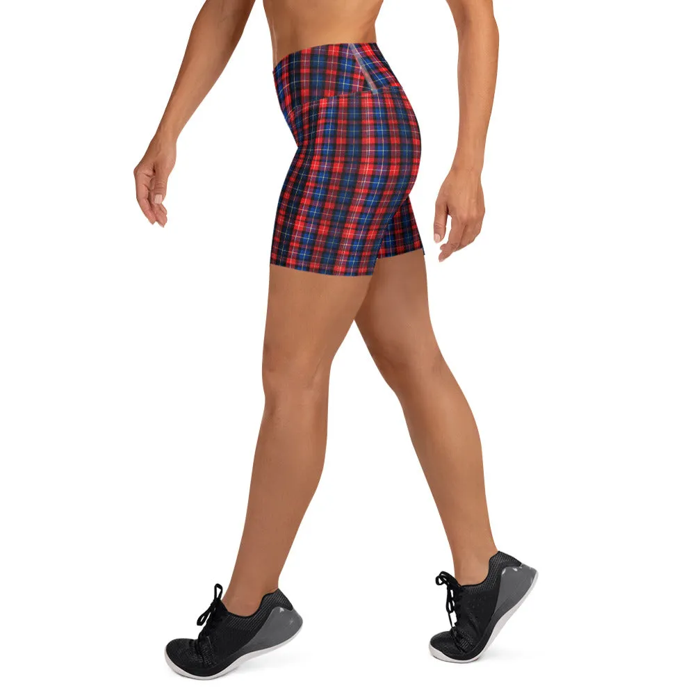 Red Blue Plaid Yoga Shorts, Scottish Plaid Print Women's Short Tights-Made in USA/EU