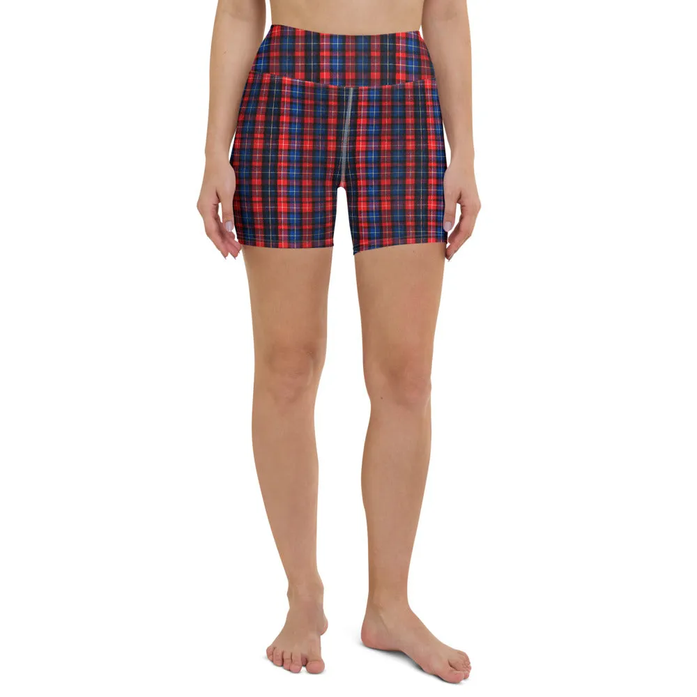 Red Blue Plaid Yoga Shorts, Scottish Plaid Print Women's Short Tights-Made in USA/EU