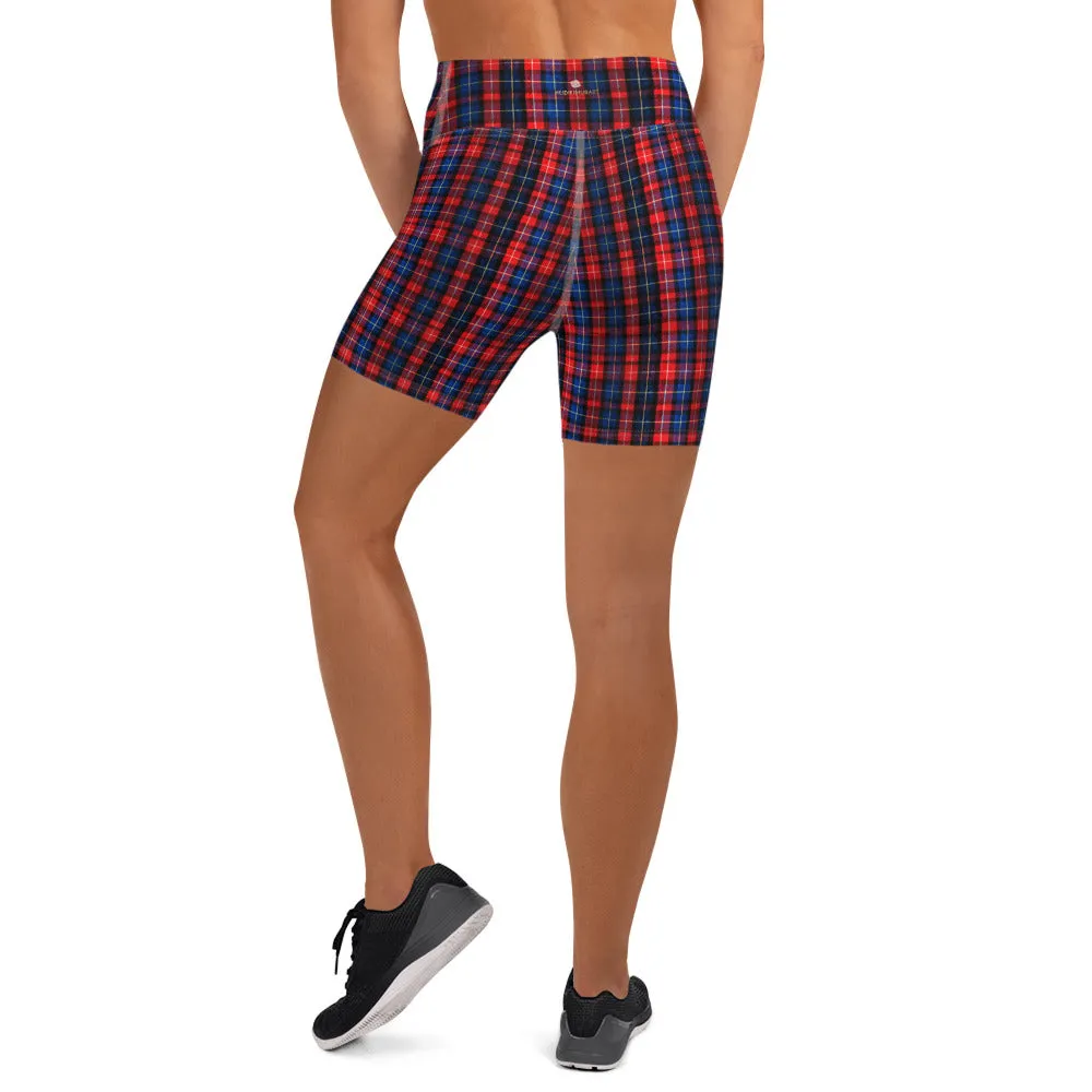 Red Blue Plaid Yoga Shorts, Scottish Plaid Print Women's Short Tights-Made in USA/EU