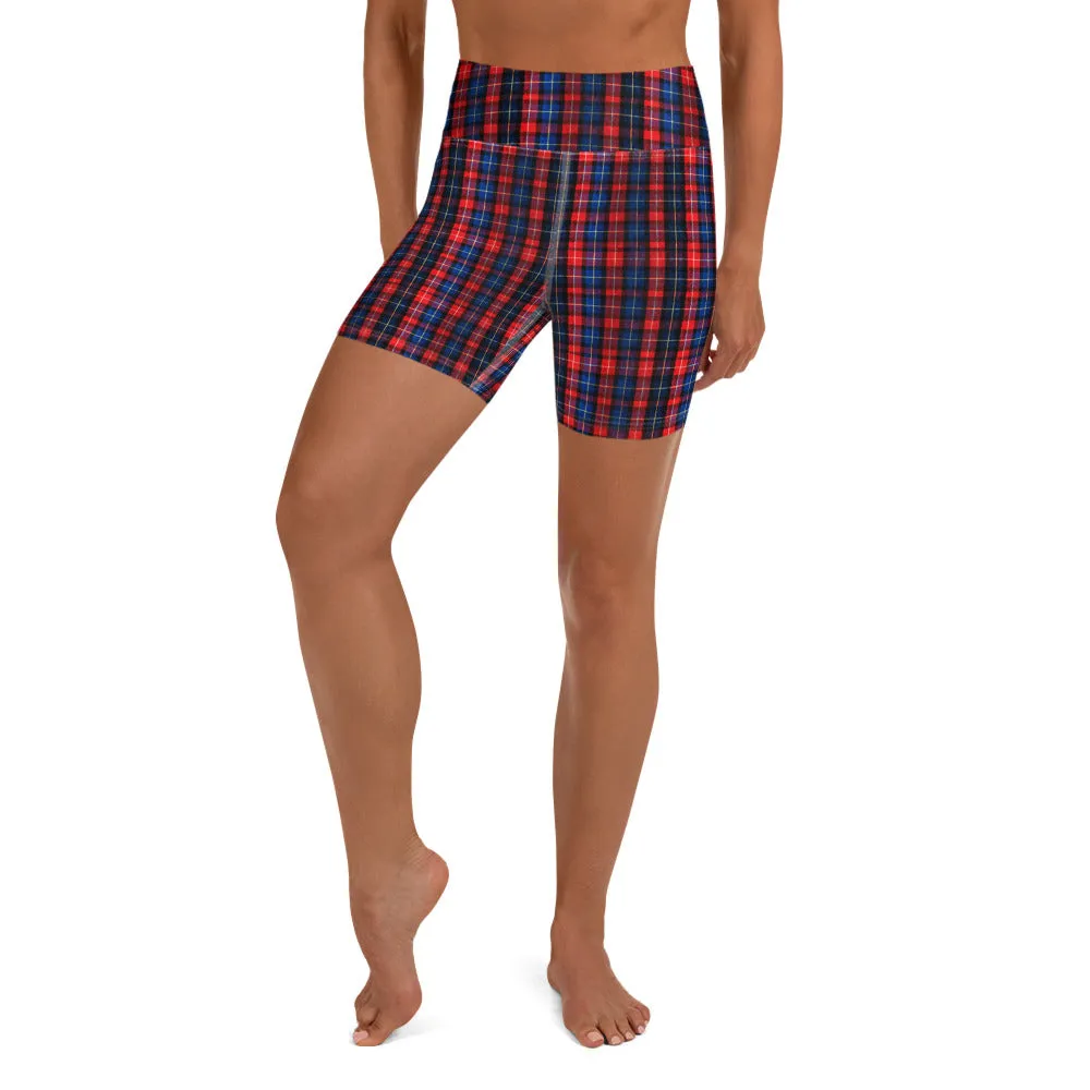 Red Blue Plaid Yoga Shorts, Scottish Plaid Print Women's Short Tights-Made in USA/EU