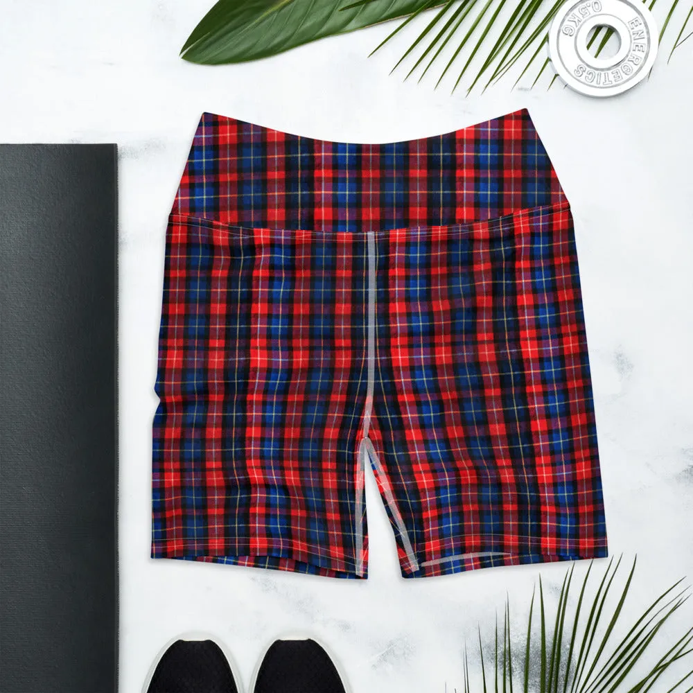 Red Blue Plaid Yoga Shorts, Scottish Plaid Print Women's Short Tights-Made in USA/EU
