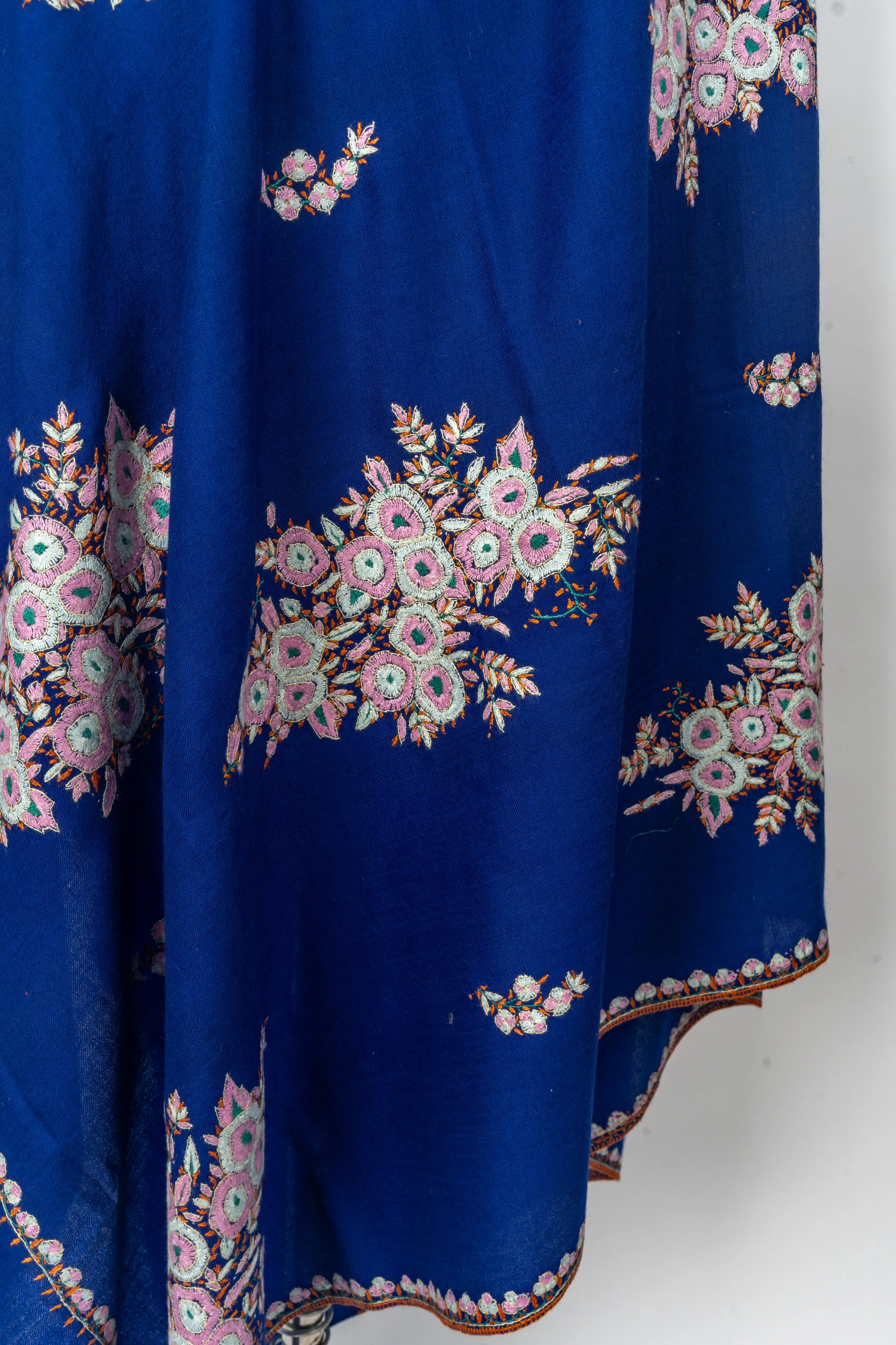 Royal Sapphire: Floral Hand-Embroidered Sozni Merino Wool Shawl in Deep Blue