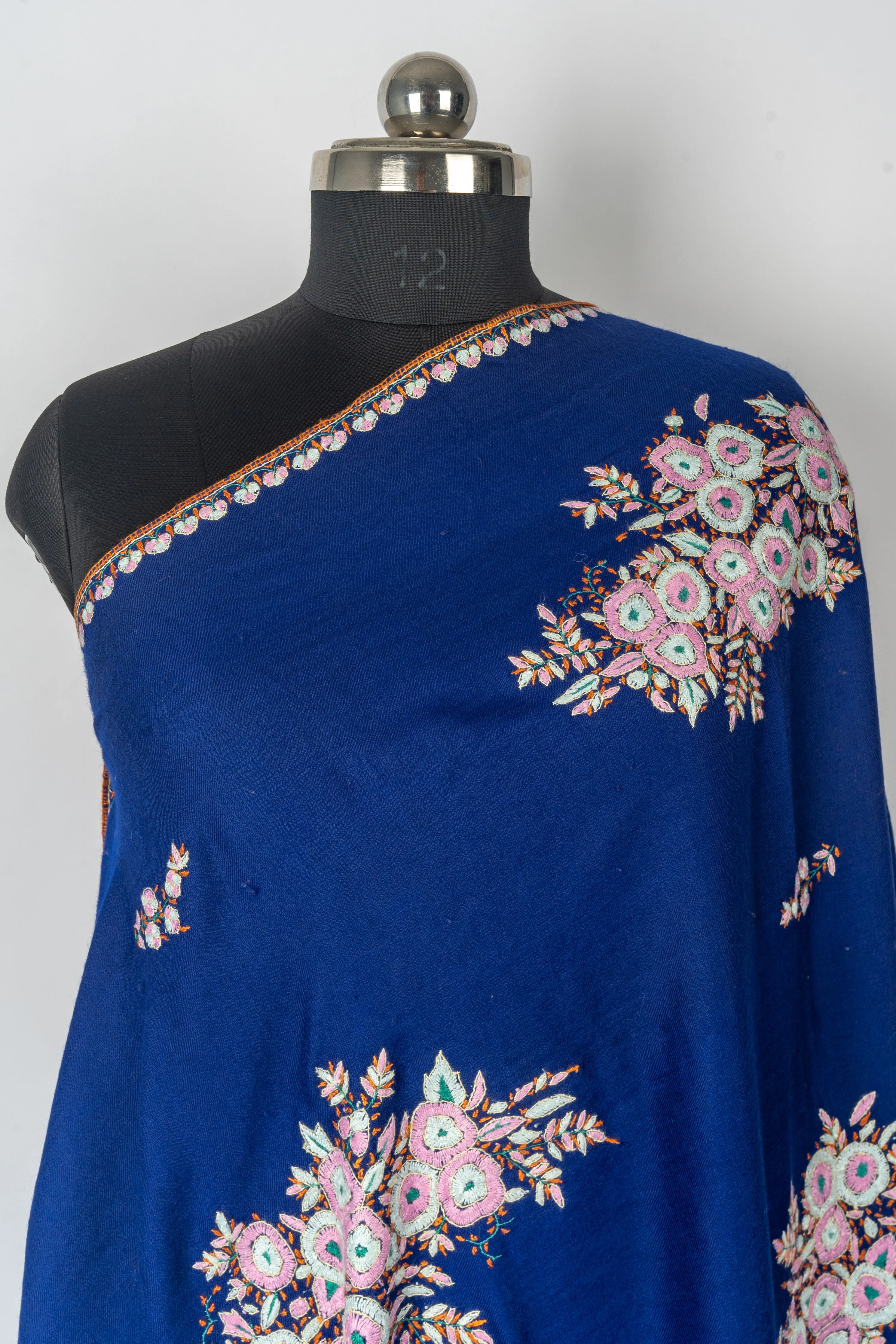 Royal Sapphire: Floral Hand-Embroidered Sozni Merino Wool Shawl in Deep Blue