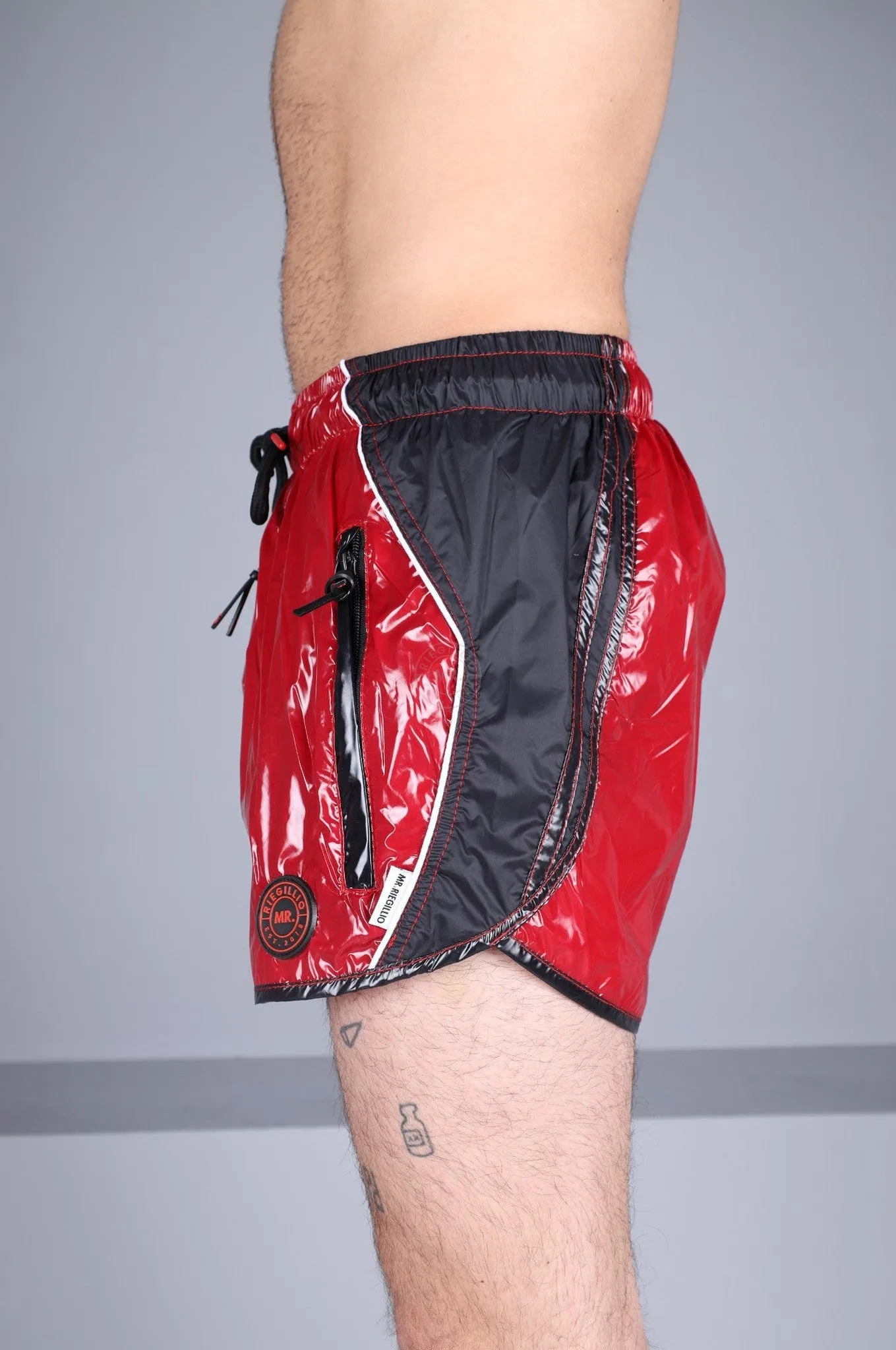 Shiny Nylon 24 Tracksuit Mini Short Thru Zip - Red