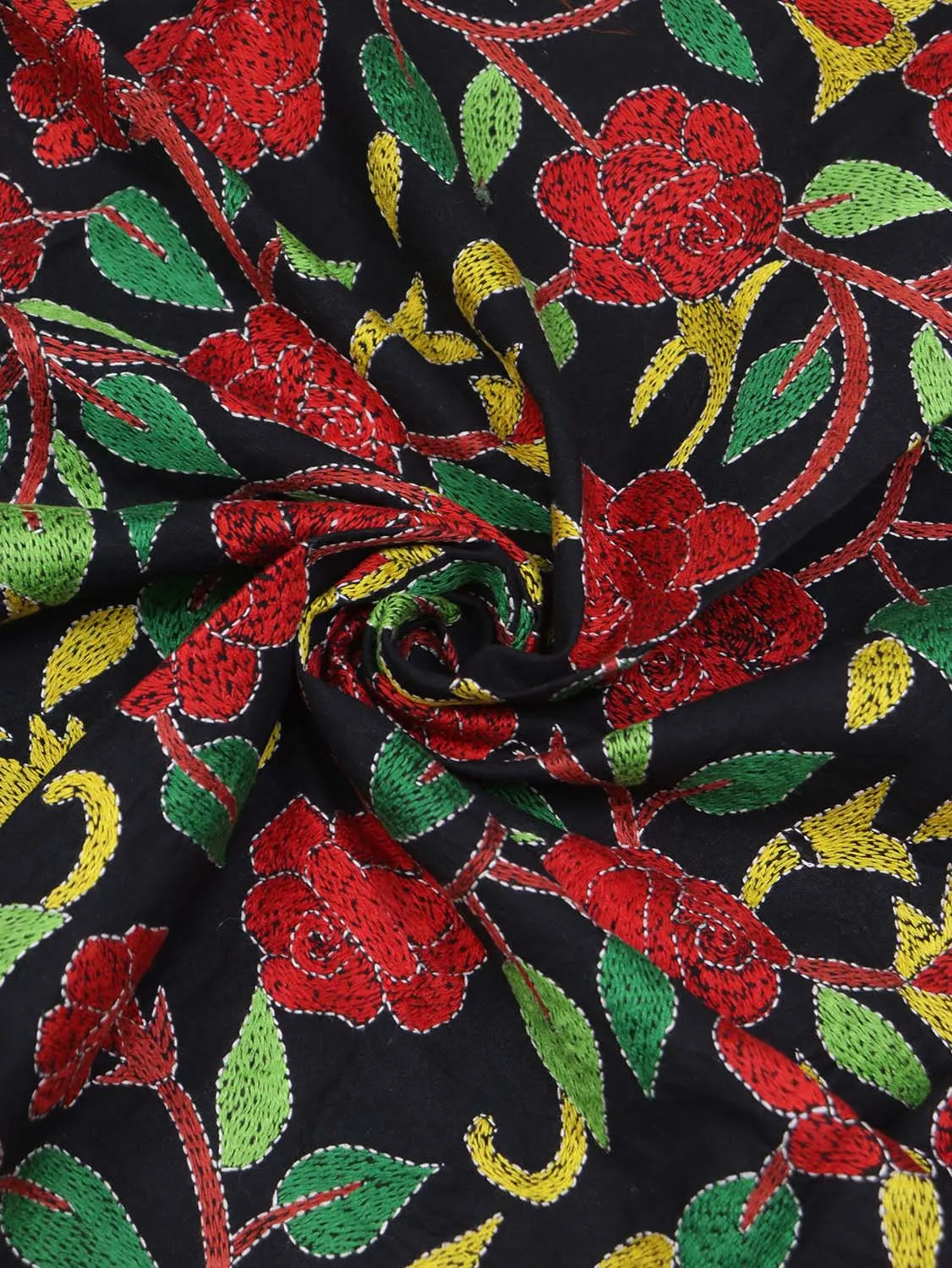 Shop Black Embroidered Kantha Cotton Blouse Fabric - 1 Mtr