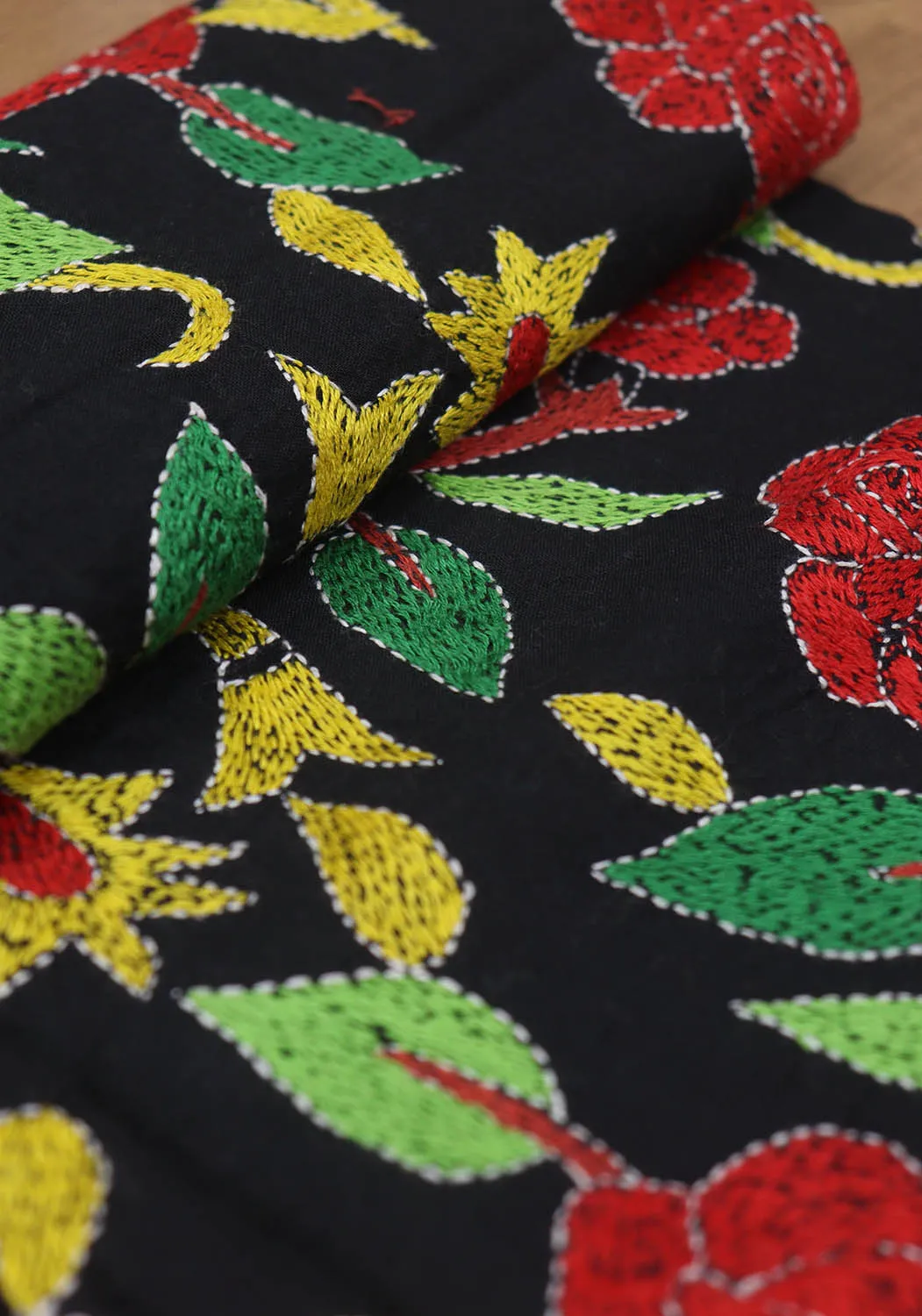 Shop Black Embroidered Kantha Cotton Blouse Fabric - 1 Mtr