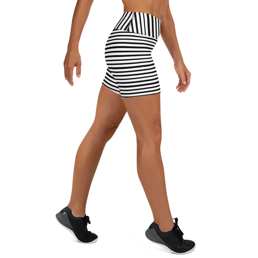 Stretchy Striped Women's Shorts, Black White Striped Print Women's Premium Yoga Tight Workout Shorts- Made in USA/EU