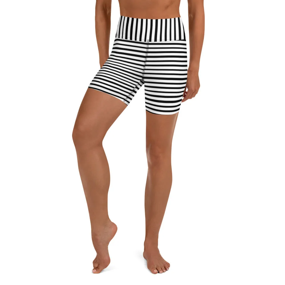 Stretchy Striped Women's Shorts, Black White Striped Print Women's Premium Yoga Tight Workout Shorts- Made in USA/EU