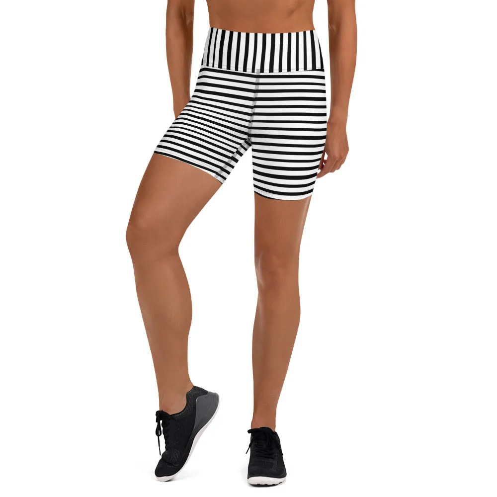 Stretchy Striped Women's Shorts, Black White Striped Print Women's Premium Yoga Tight Workout Shorts- Made in USA/EU