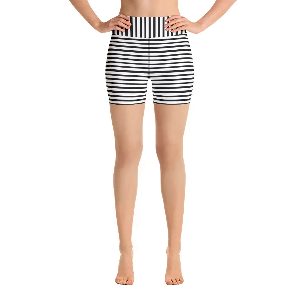 Stretchy Striped Women's Shorts, Black White Striped Print Women's Premium Yoga Tight Workout Shorts- Made in USA/EU