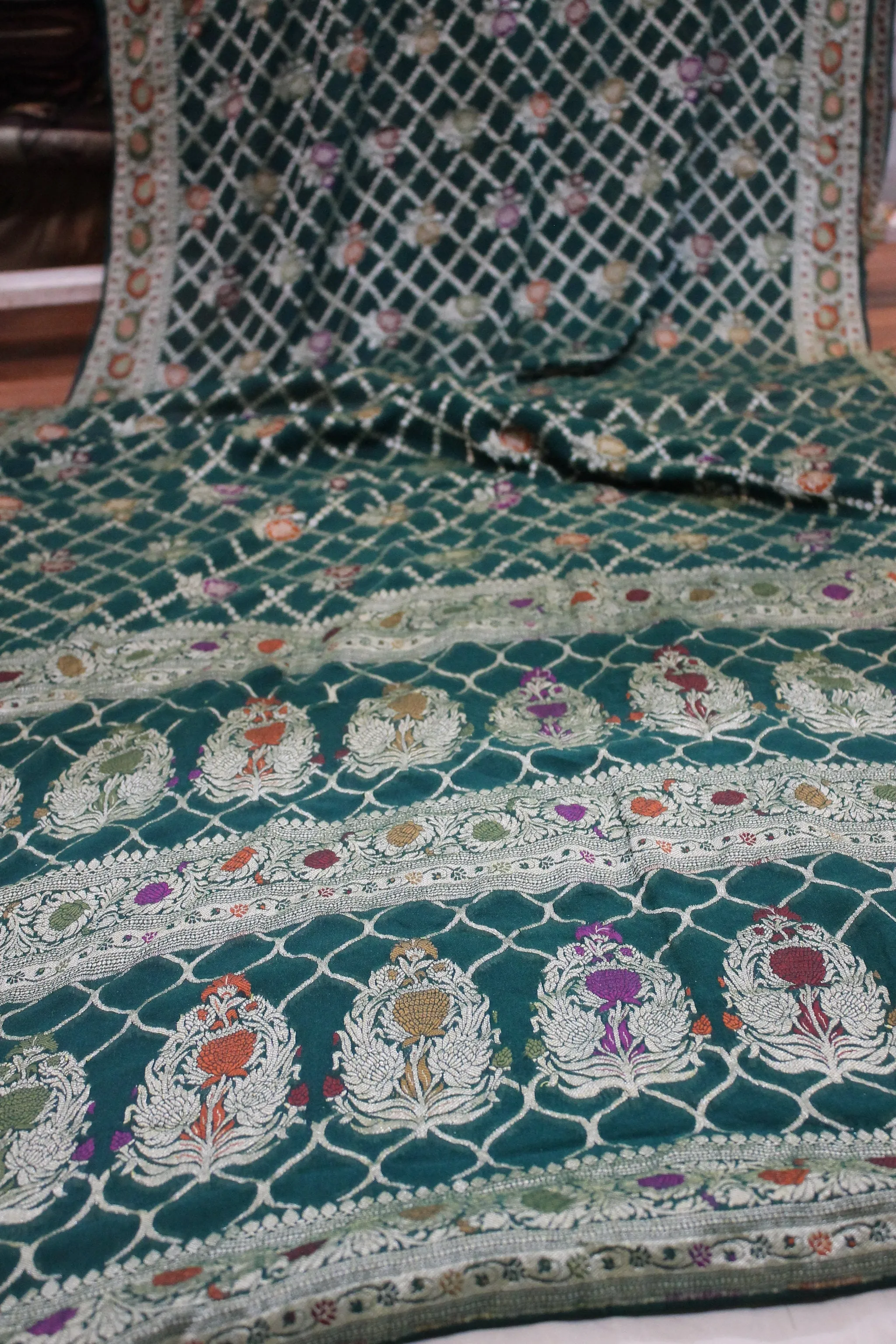 Summer Sophistication: Bottle Green Pure Khaddi Georgette Banarasi Saree