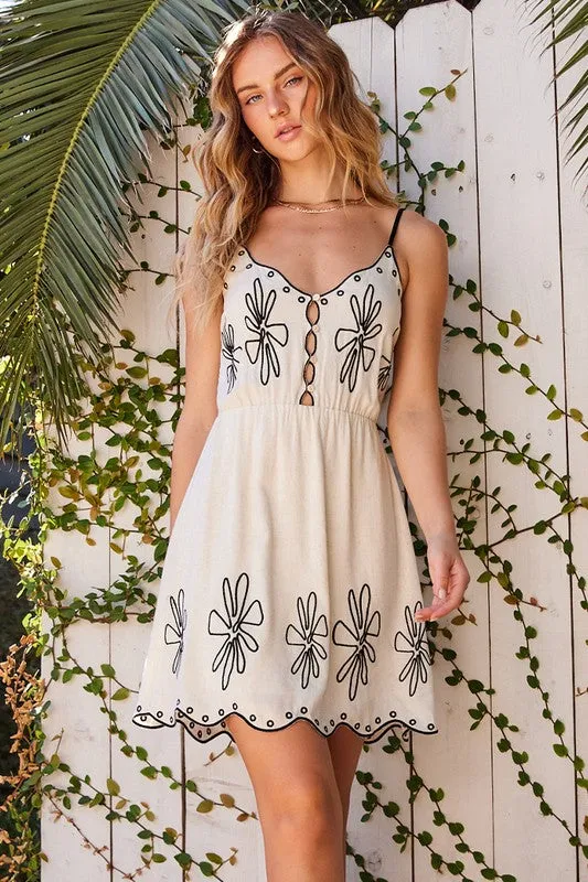 TJ Embroidered Linen Mini Dress- Natural