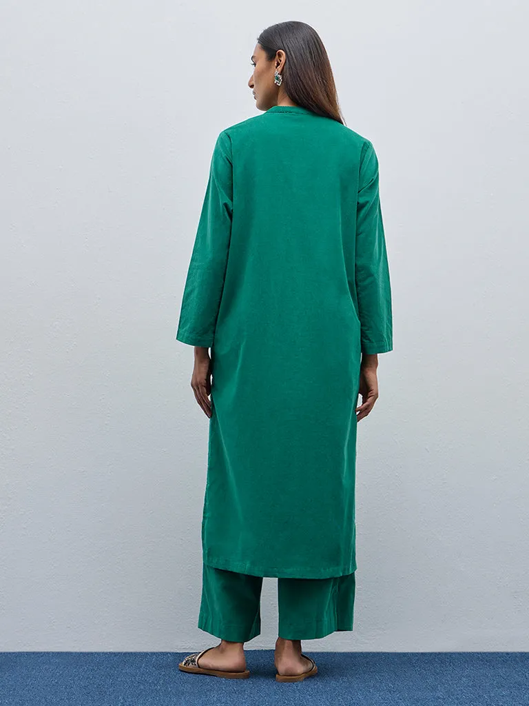 Utsa Green Textured Cotton Straight Kurta
