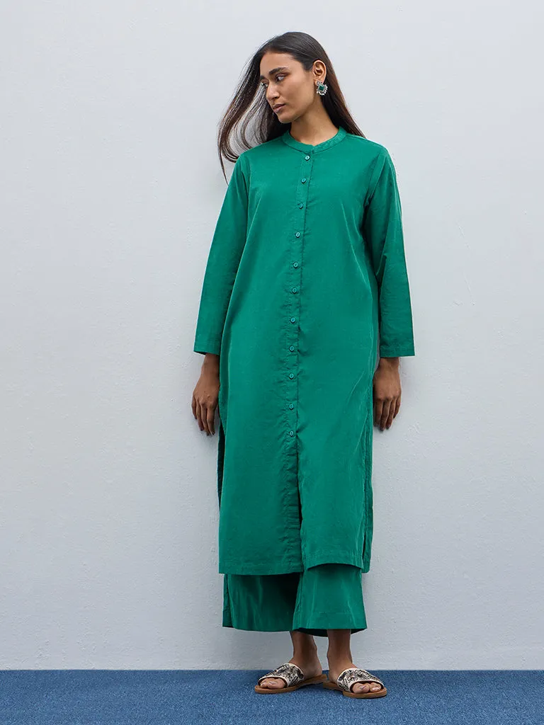 Utsa Green Textured Cotton Straight Kurta