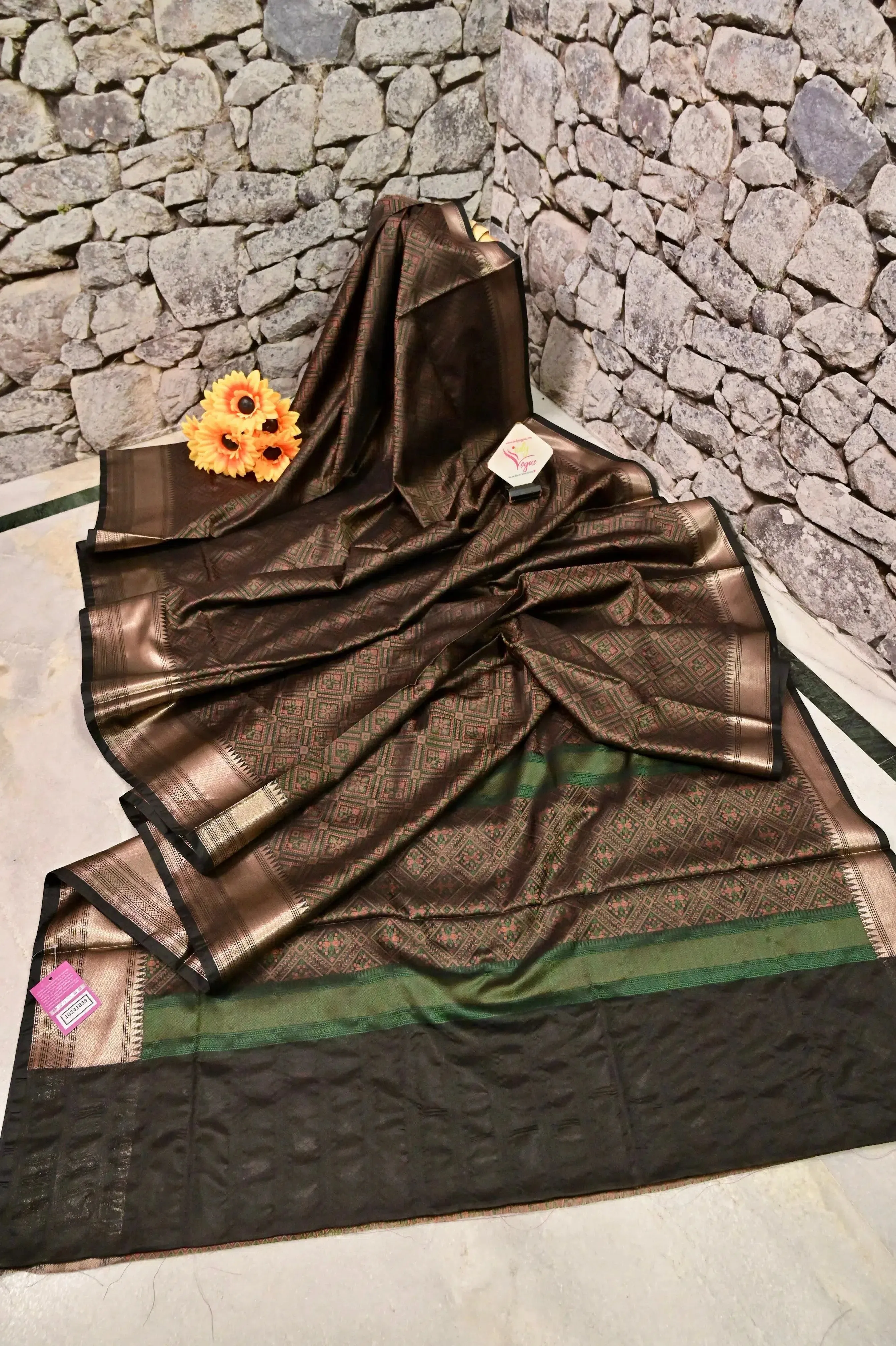 Walnut Brown and Deep Green Color Chanderi Jamewar Saree with Allover Weaving