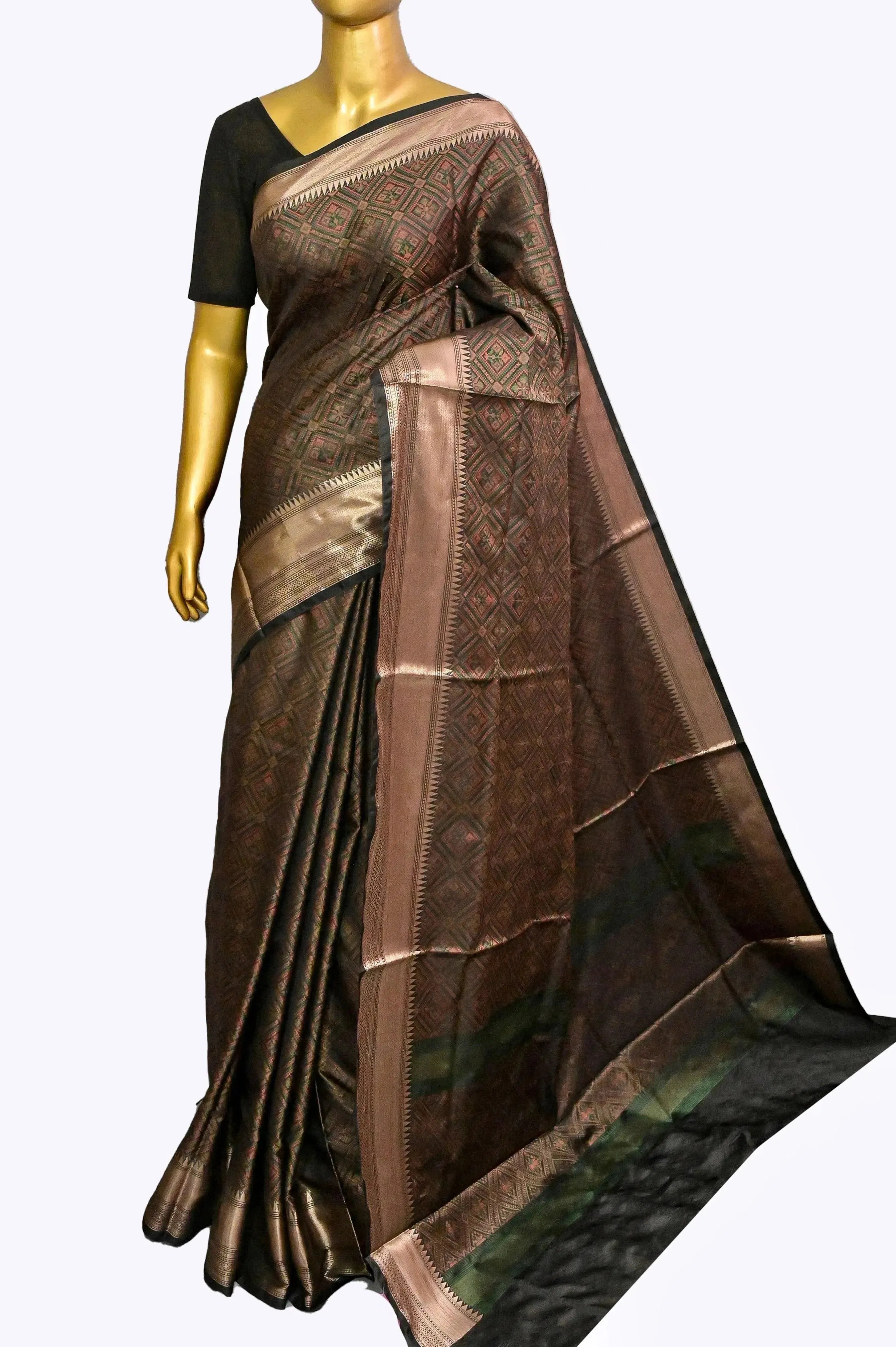 Walnut Brown and Deep Green Color Chanderi Jamewar Saree with Allover Weaving