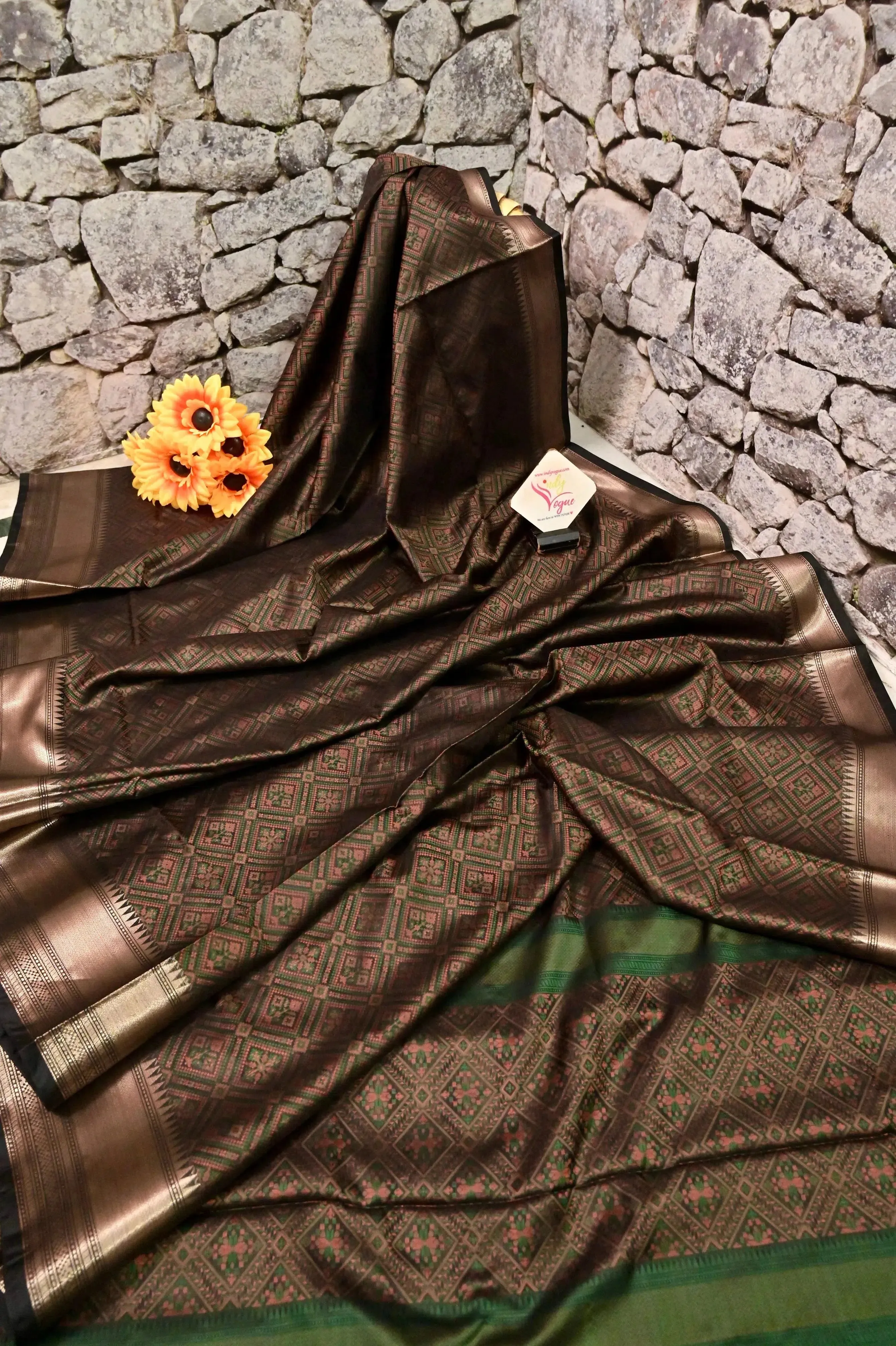 Walnut Brown and Deep Green Color Chanderi Jamewar Saree with Allover Weaving