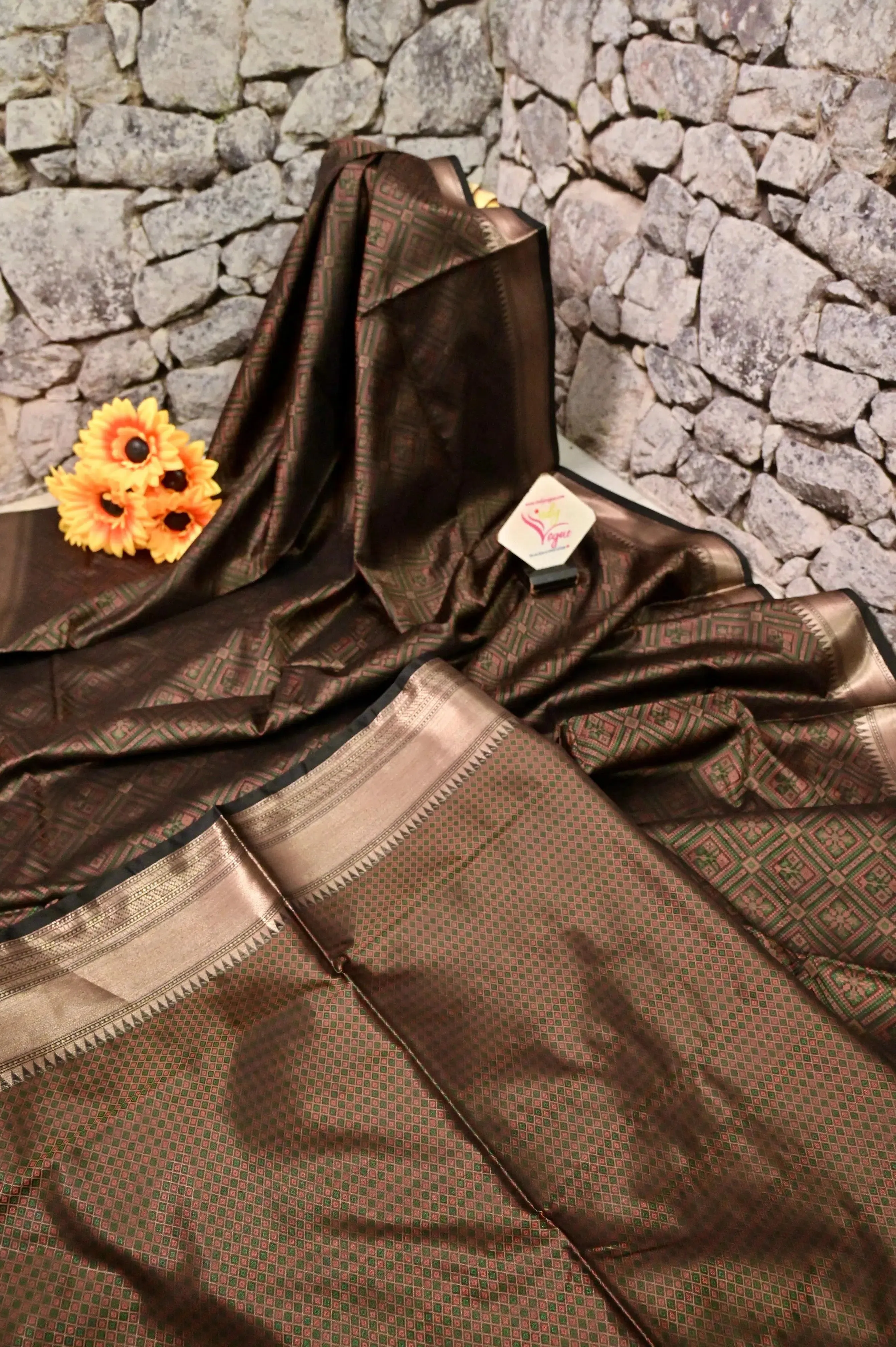 Walnut Brown and Deep Green Color Chanderi Jamewar Saree with Allover Weaving