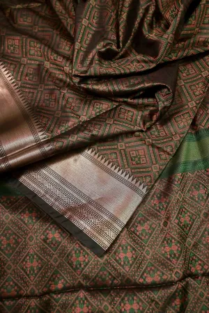 Walnut Brown and Deep Green Color Chanderi Jamewar Saree with Allover Weaving