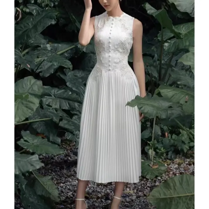 White Lace Embroidered Sleeveless Midi Dress