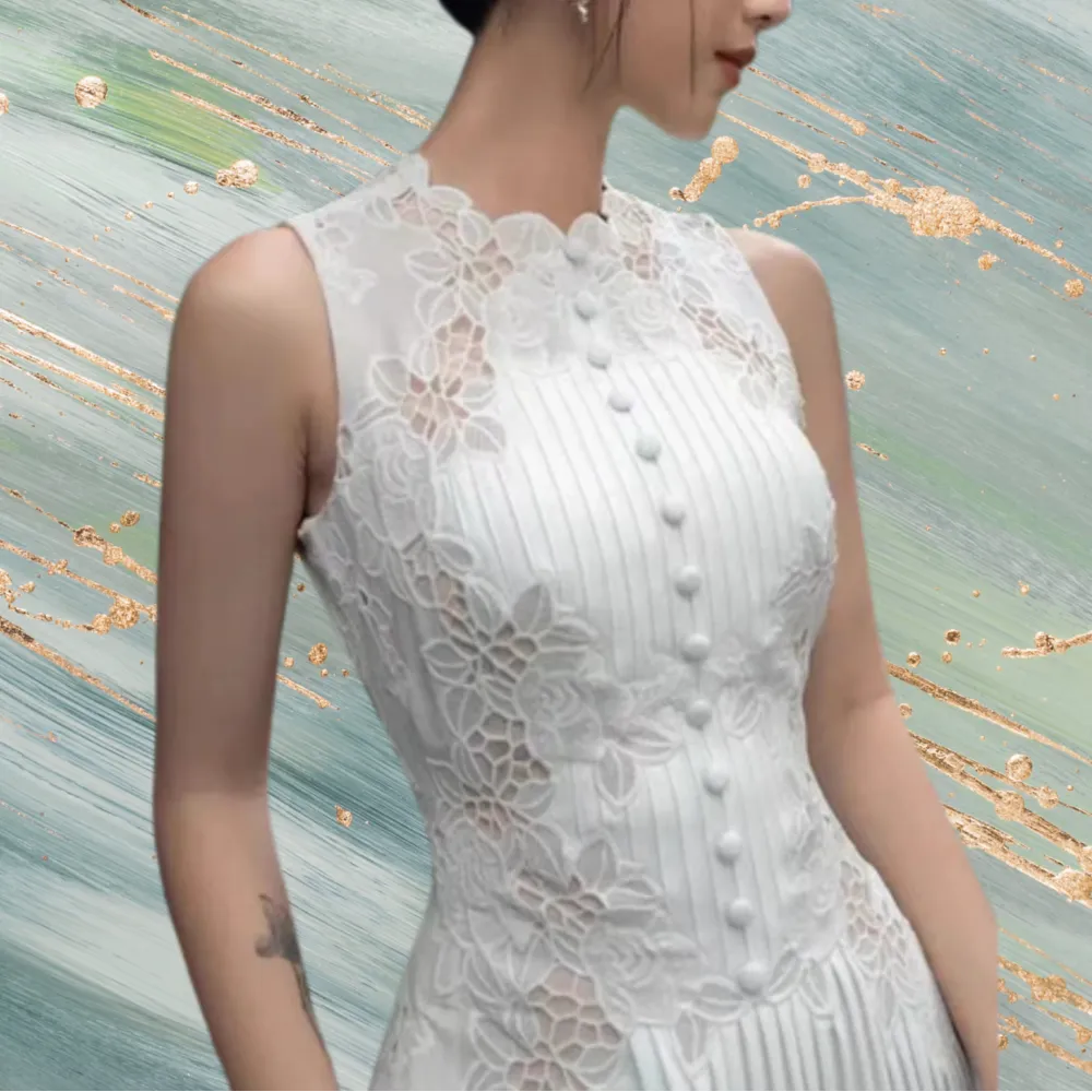 White Lace Embroidered Sleeveless Midi Dress