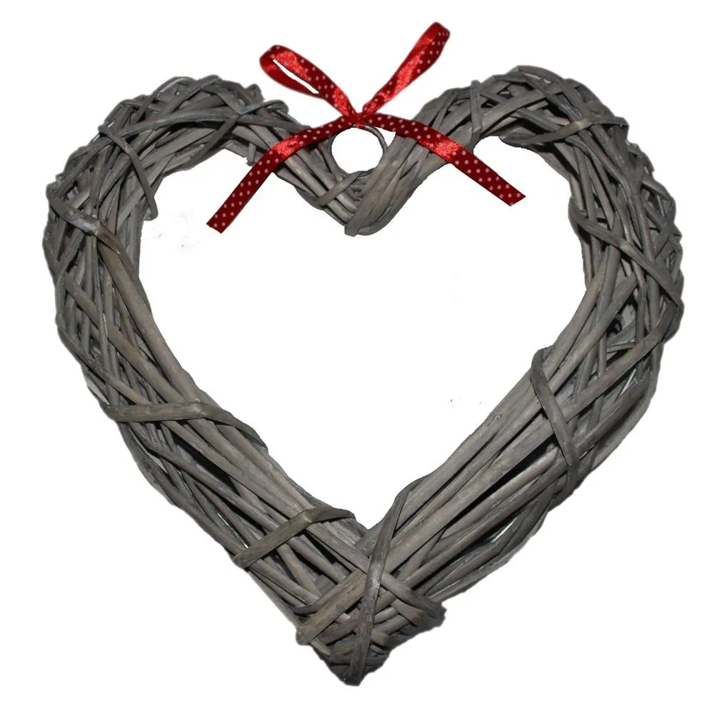 Wicker Wide Heart Wreath With Red Spotty Ribbon