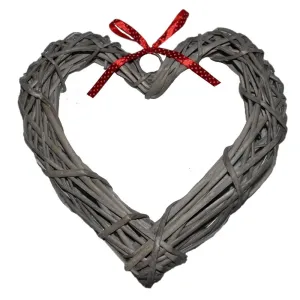 Wicker Wide Heart Wreath With Red Spotty Ribbon