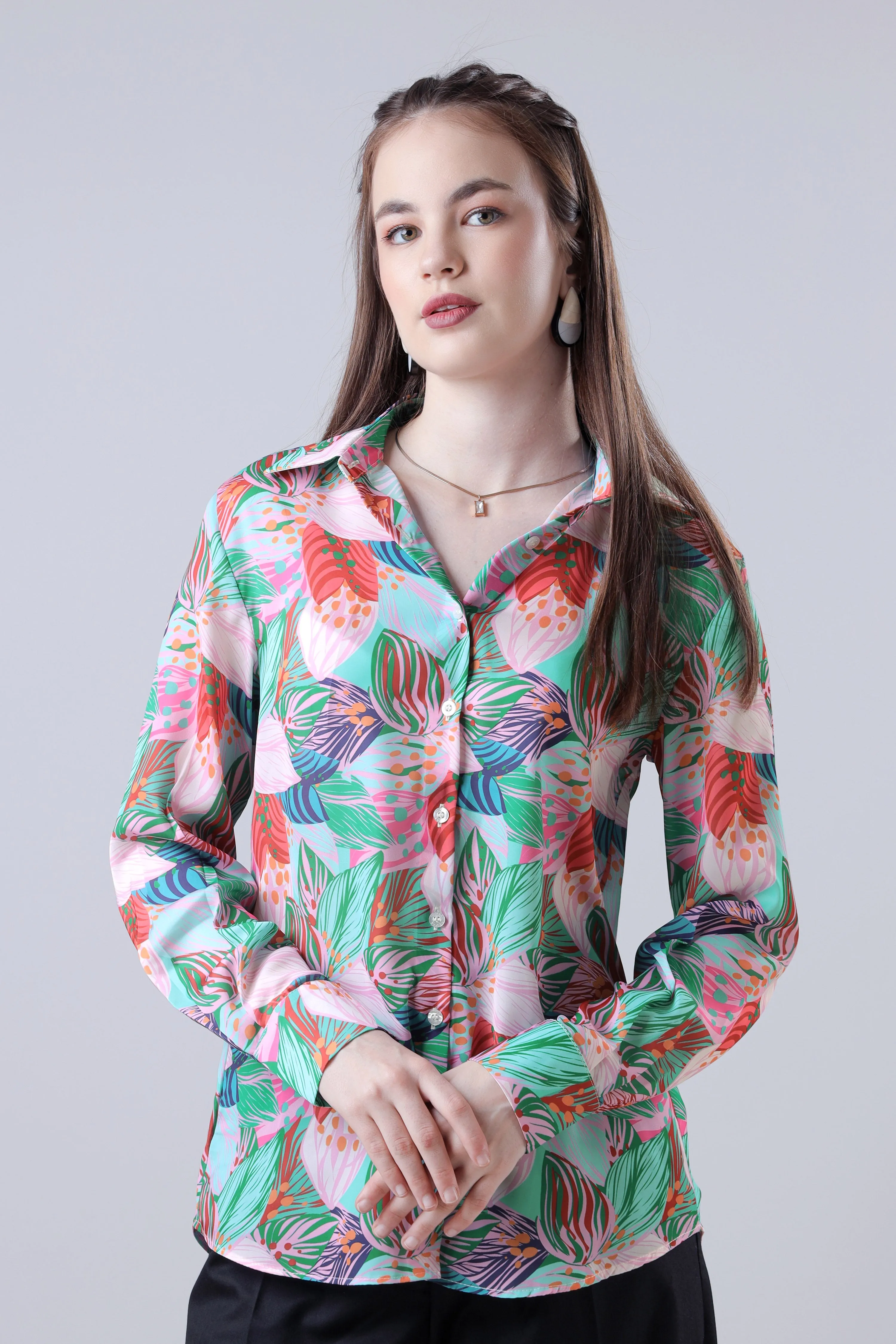 Women Spread Collar Abstract Floral Casual Shirt