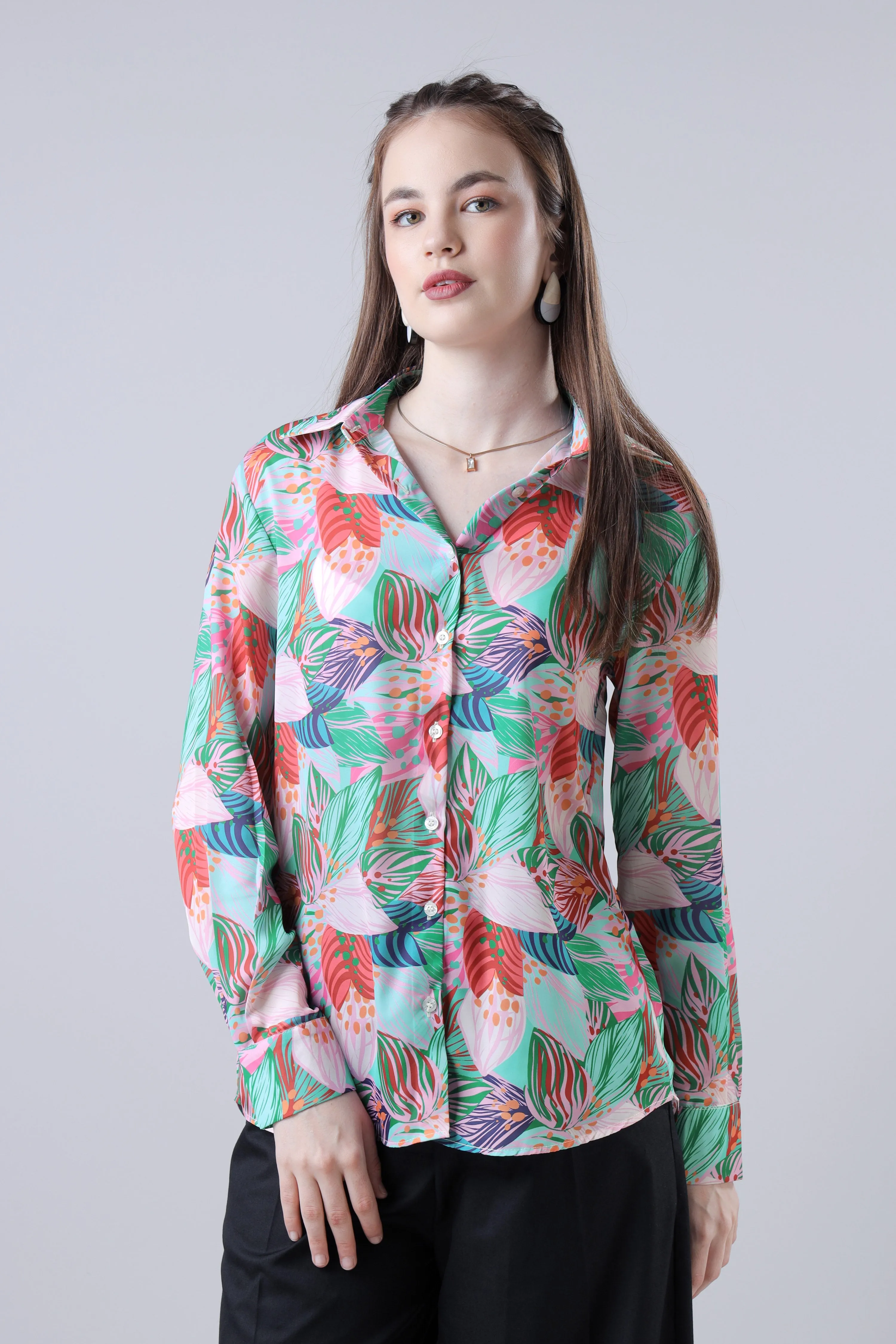 Women Spread Collar Abstract Floral Casual Shirt